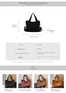Spécifications de taille pour le grand sac cabas en daim avec quatre coloris