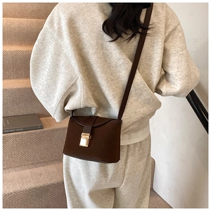 Detail shot of the vintage dark brown matte crossbody bag with a golden metal buckle