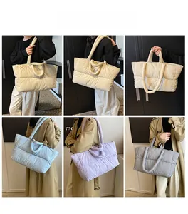 Quilted down tote bags in ivory, light blue, purple and grey with dual straps for daily use
