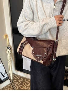 Women Retro Patchwork PU Leather Underarm Bag Large Capacity Contrast Color Shoulder Crossbody Pillow Bag Metal Buckle Detail Handbag
