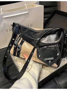 Retro patchwork underarm bag in glossy black and beige leather with silver hardware