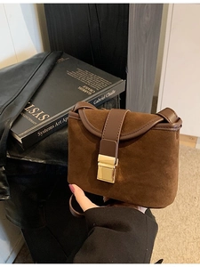 Vintage dark brown frosted suede shoulder bag with gold buckle and smooth leather trim