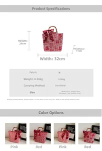 Size chart showing 32x26x11cm canvas wedding tote bag with bamboo handle details