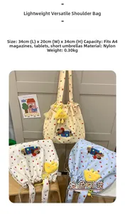 Polka dot nylon tote bag showing size details and cartoon puppy patch embroidery