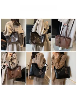 Collage of tote bags in three colors showing model shoulder carry from multiple angles