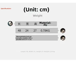 Size guide for PU travel bag showing dimensions 48x24x27cm and lightweight 0.78kg