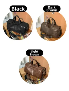 Detailed close-up showing black, dark brown, and light brown faux leather travel bags
