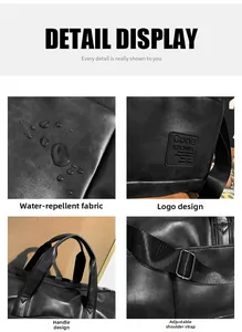 Detail view of water-resistant black faux leather fabric and adjustable shoulder strap