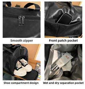 Detail view of smooth dual zippers, shoe compartment, and wet/dry storage on a travel bag