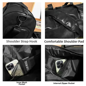 Detail of travel bag showing metal hooks, shoulder pads, mesh pockets and inner zip