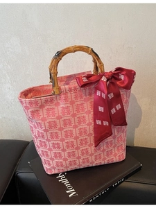 Elegant red wedding tote bag with Double Happiness pattern and natural bamboo handle