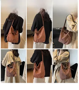 Brown suede tote bag collage showing large capacity and side bow knot detail on models