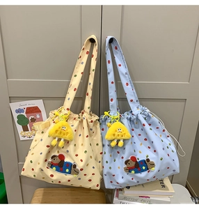 Polka dot canvas tote bags with cute cartoon dog embroidery and plush keychain