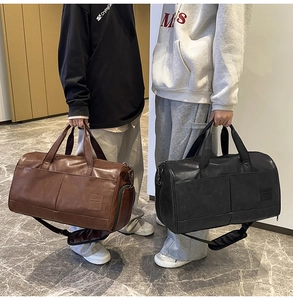 Black and brown PU leather travel bags with shoe compartment and adjustable straps