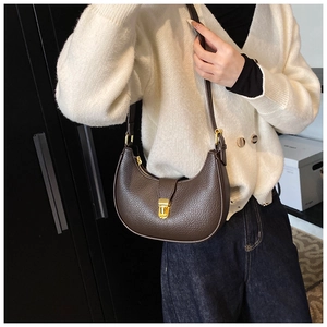 Close-up of brown pebbled leather crescent bag with gold metal buckle and zipper detail
