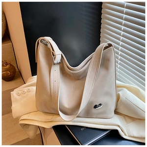 Minimalist cream white PU leather Hobo shoulder bag with silver buckle and adjustable strap