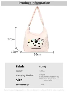 Pink quilted nylon tote bag with puppy embroidery showing detailed size dimensions