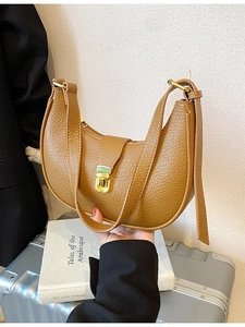 Vintage brown lychee grain half-moon shoulder bag with gold metal lock closure