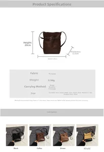 Detailed size chart and specifications for matte leather bucket bag with dimensions