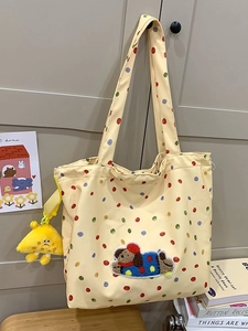 Cute yellow canvas tote bag with colorful polka dots and 3D cartoon dog patch
