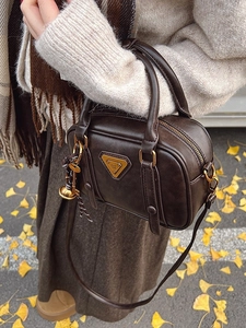 Vintage dark brown leather handbag with metal logo and ginkgo leaf autumn background