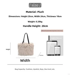 Spécifications détaillées du sac porté épaule en peluche beige avec dimensions et capacité