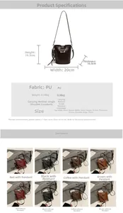 Tableau des tailles détaillé pour sac seau rétro en PU avec dimensions et couleurs
