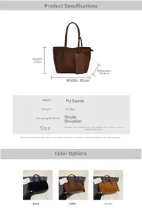 Detailed size specifications and material chart for suede tote bag with pouch