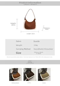 Size chart for suede shoulder bag with lamb wool trim detailing and color options