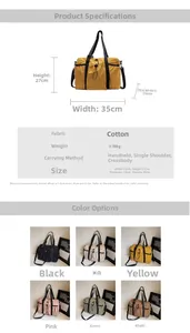 Detailed size specifications for a large yellow fabric bucket tote bag with measurements