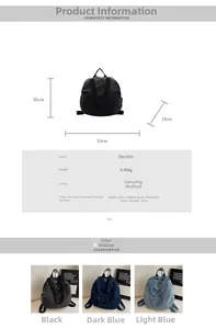 Detailed size specifications for a large capacity denim backpack in three colors