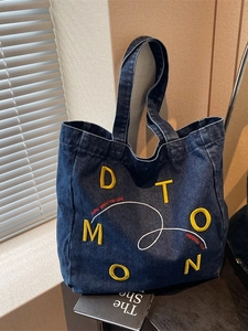 Women Denim Tote Bag Large Capacity Letter Embroidery Shoulder Bag Casual Streetwear Shopping Bag Versatile Handbag