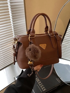 Women Fashion PU Leather Boston Pillow Handbag Minimalist Crossbody Bag With Pompom Charm Triangle Logo Adjustable Strap Casual Tote