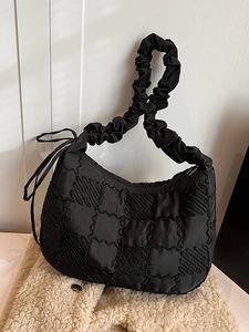 Fashion Women's Nylon Pleated Shoulder Bag Quilted Tote Handbag With Wave Embroidery Casual Hobo Bag For Daily Use