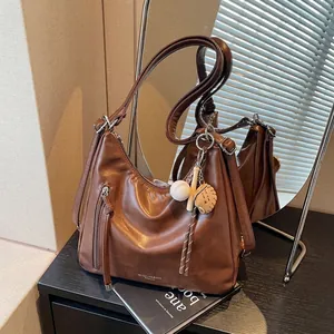 Women Retro Large Capacity Hobo Bag PU Leather Tote Shoulder Bag Multi Functional Backpack With Baseball Pendant