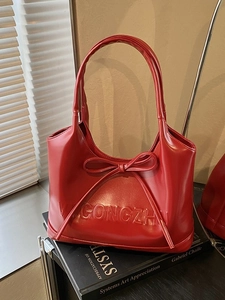 Women Glossy PU Leather Shoulder Bag Large Capacity Tote With Bow Decoration Fashion Underarm Handbag Solid Color Purses