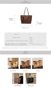 Detailed size chart and specifications for the large capacity PU leather tote bag