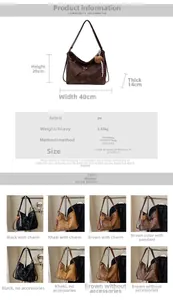 Detailed size chart and specifications for the large PU leather tote bag with measurements