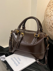 Vintage Glossy PU Leather Boston Bag For Women Contrast Stitching Pillow Handbag Gold Hardware Crossbody Shoulder Bag Commute