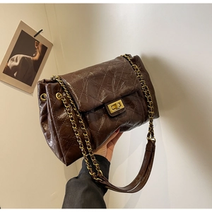 Detail of dark brown quilted chain bag with glossy finish and gold twist-lock closure