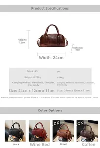 Detailed size specifications and color options for the vintage leather shoulder bag
