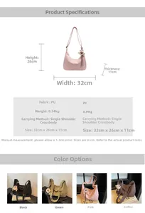 Size chart showing large PU leather crossbody tote bag dimensions and color options