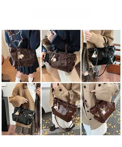 Detailed views of high-capacity tote bag with tassel charm shown in multiple styling scenarios