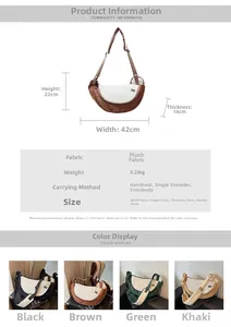 Size guide for fuzzy dumpling bag showing dimensions and crossbody strap length details