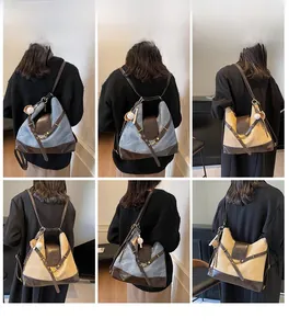 Multiple views of a versatile denim and canvas tote bag worn as a shoulder and backpack