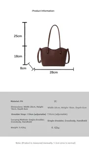 Tableau des dimensions montrant 28 cm de largeur et 18 cm de hauteur du sac en cuir PU brun