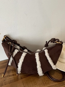 Damen Retro Croissant Umhängetasche Mattes Wildleder Kunstpelz Gestreifte Schultertasche Herbst Winter Lässige Mode Crescent Bag