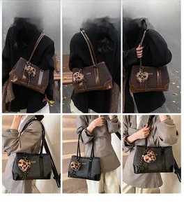 Multiple views of a large tote bag with leopard heart charm and KOSK brand logo detail
