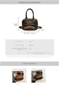 Detail view showing brown PU leather bag dimensions and vintage holiday lettering