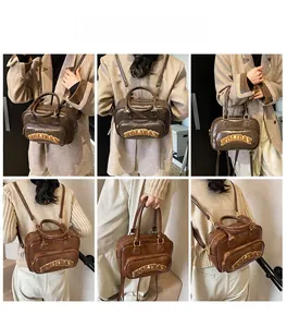 Multi-way retro brown backpack and handbag showing different carrying styles on a model